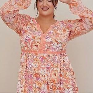 Torrid Top Size 3 Super Soft Orange Floral Short Sleeve Babydoll Tunic Shirt New